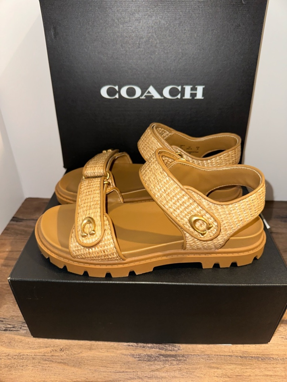 Coach Tan Brynn straw sandals with Gold Hardware - Picture 2 of 8